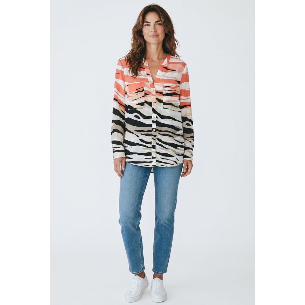 Calvin Klein Women Coral Black Abstract Zebra Print Roll Tab Button Blouse L